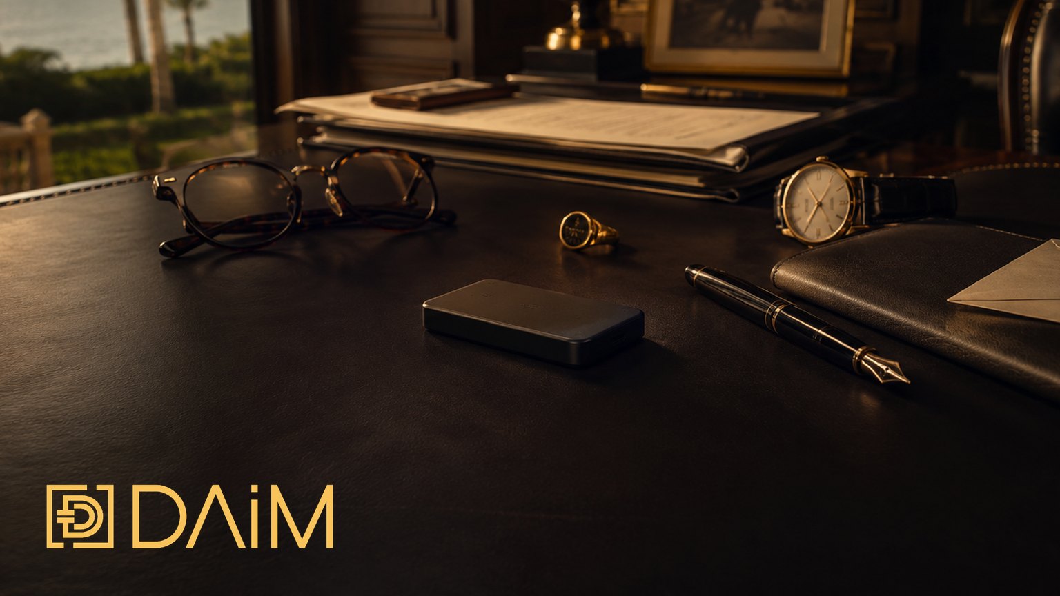 A hardware wallet on a desk, among the reading glasses, the watch, the signet ring and the signed papers of a lifetime
